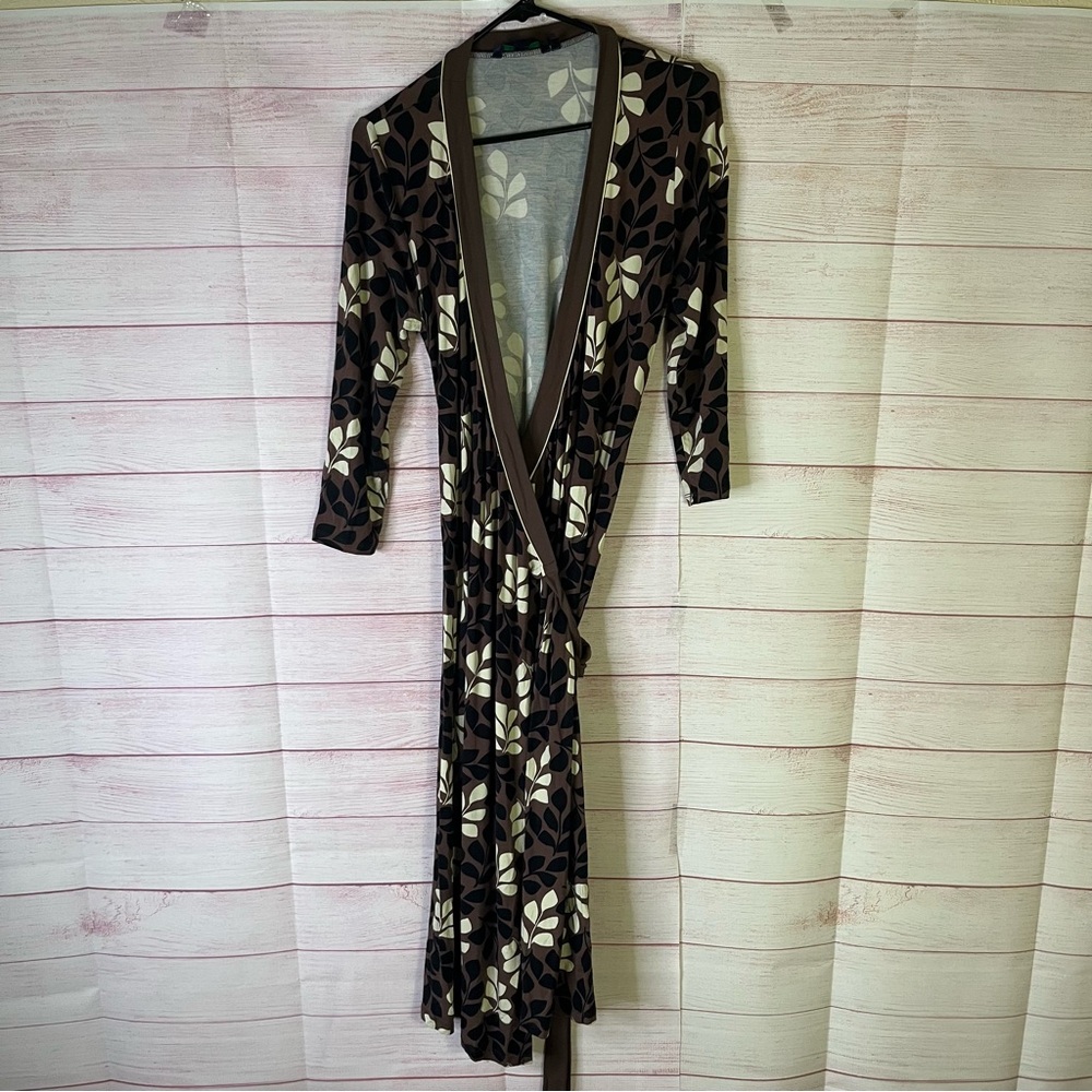 Boden Black Brown Floral Leaf Print Wrap Dress Size 10